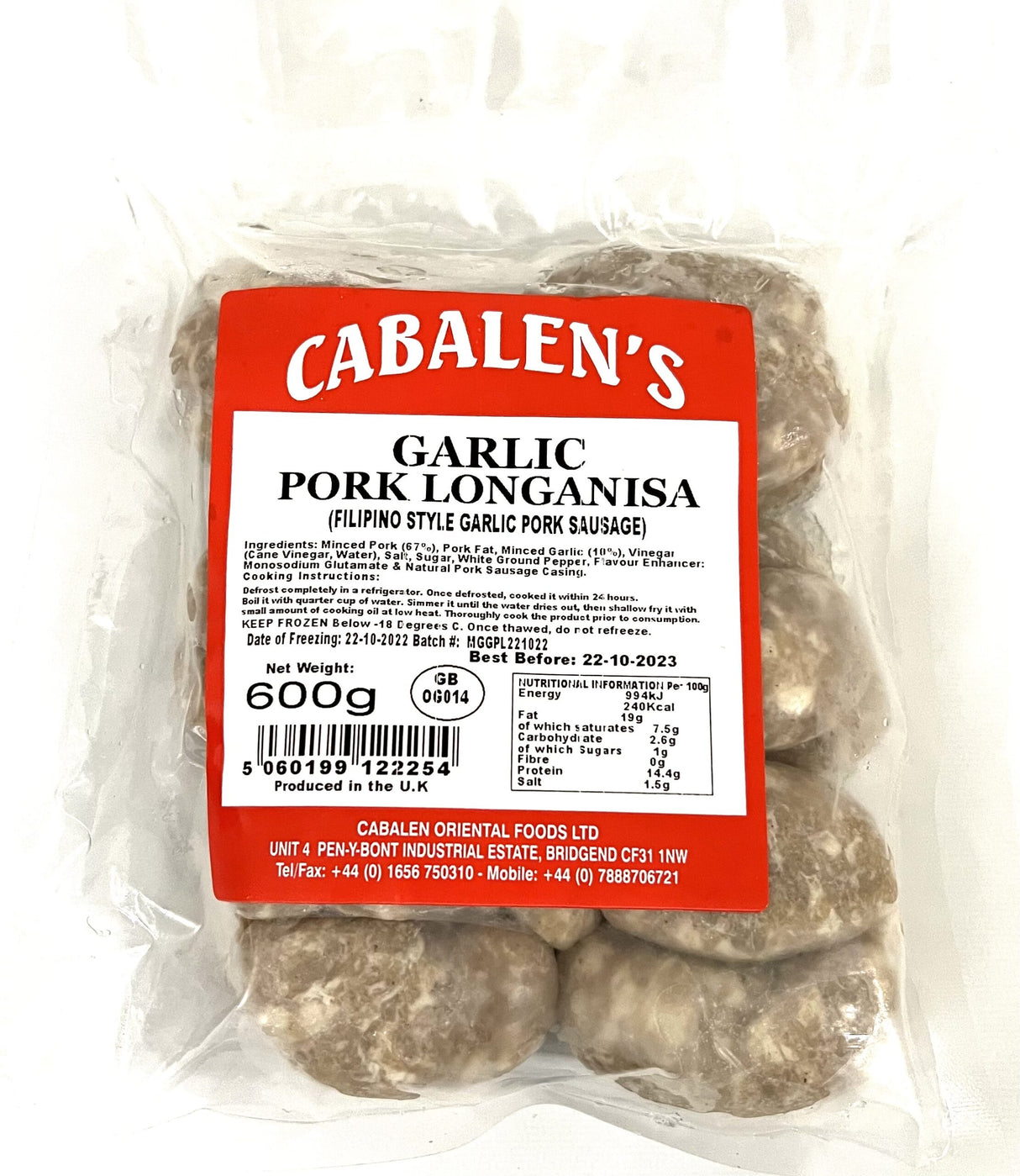 Frozen CABALEN'S Garlic Pork Longanisa 600g